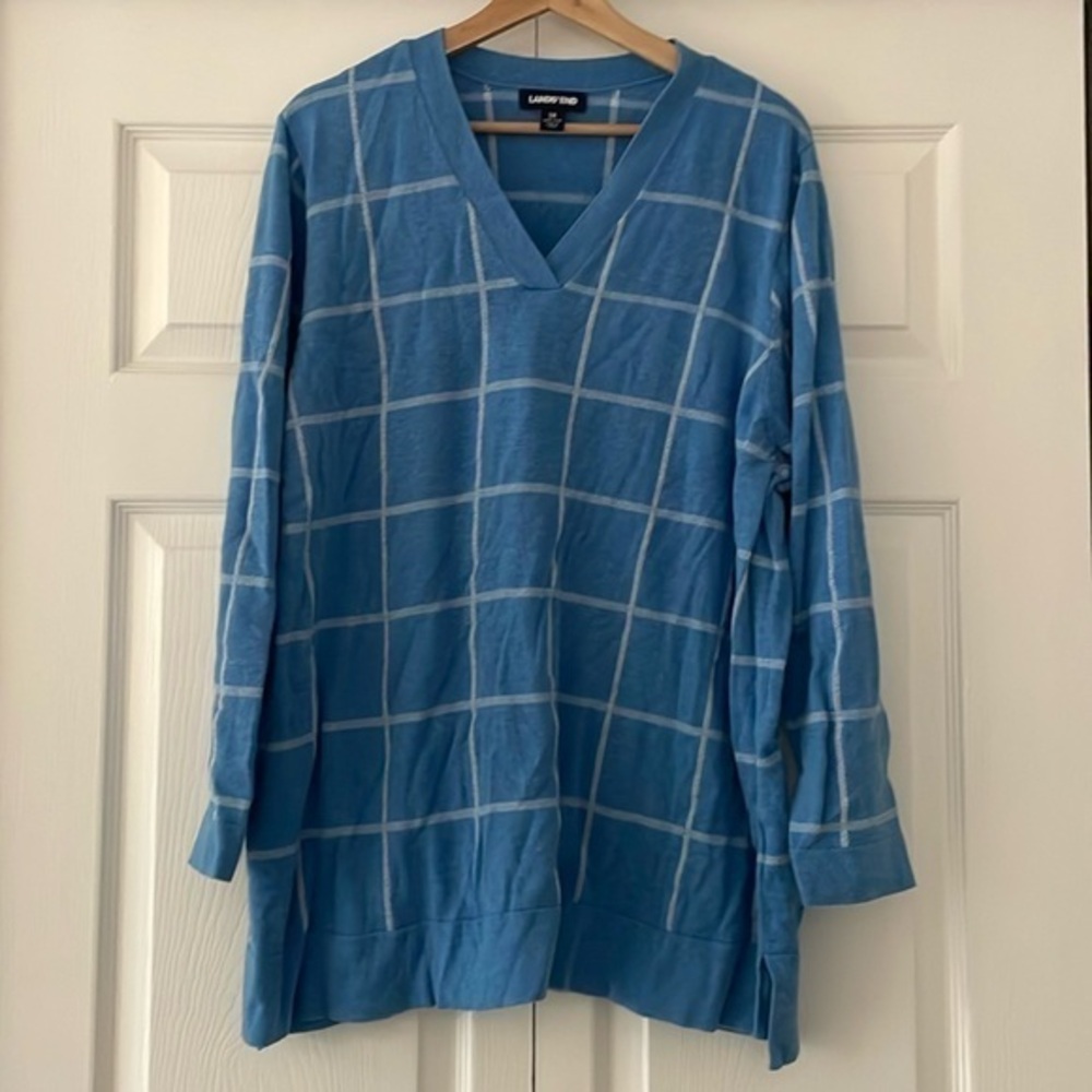 Lands’ End windowpane plaid sweater